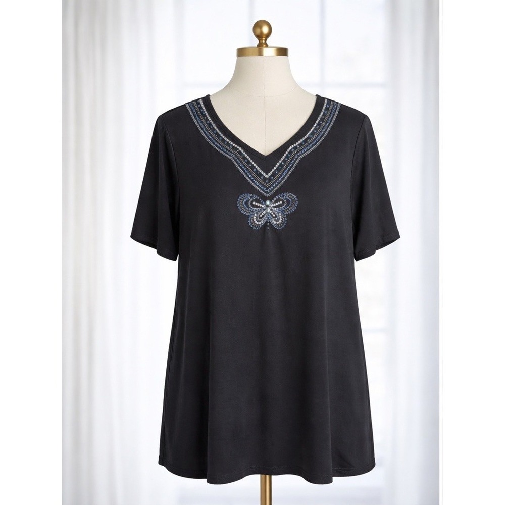 Quacker Factory Dream Knits Popover Top XL Black Slinky Travel Butterfly Sequin